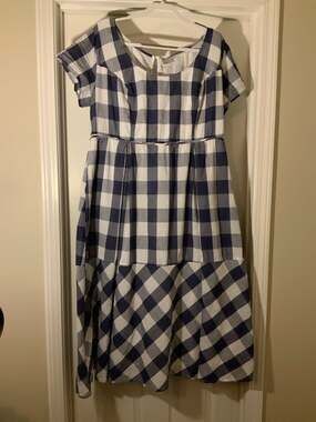 eShakti Blue & White Gingham Cotton Tiered long Dress Plus Size 24W